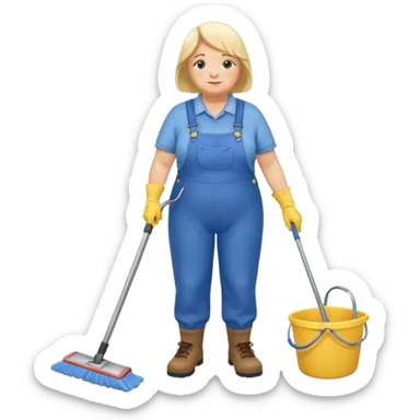 old and fat women, Custodian with yellow rubber gloves, white T-shirt, blue overalls, mopping floor sticker
