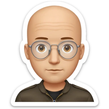 Oval-faced man with large forehead, aviator glasses, completely bald sides with extremely short dark curly hair only on crown, light brown skin, friendly neutral expression, black shirt sticker