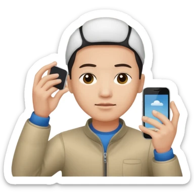 a chinese holding an smartphone with both hands in landscape mode(horizontally) on top of his forehead sticker
