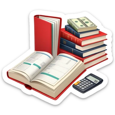 Icon for Business Reading: an open book with graphs, numbers, percentages, formulas, and text on the pages, next to a stack of books, a pile of dollars, a calculator and business magazines like Forbes. Transparent background. sticker