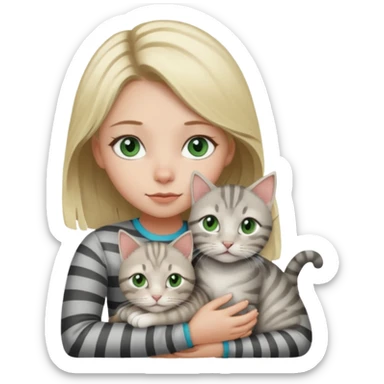 Blonde girl with blue eyes cuddling with light grey tabby cat with dark grey stripes and green eyes sticker