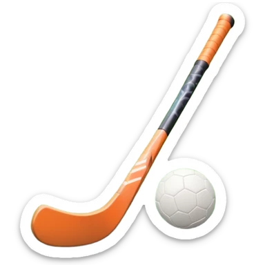 A field hockey stick and ball positioned on a vibrant green grass field, with the goalposts and clear field markings in the background. The scene highlights the lush, well-maintained turf, emphasizing the speed and precision of the sport in an energizing outdoor setting. sticker