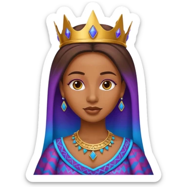 Create me an emoji of a beautiful Ethiopian Queen of Sheba wearing a neon purple and blue gradient African patterns. sticker