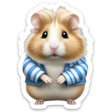 Blonde long haired Syrian hamster with a white and blue striped dirty shirt sticker