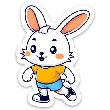 retro 1930s anthropomorphised rabbit in a t-shirt and shorts walking black and white sticker