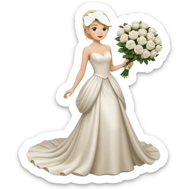 Chica blanca, cabello rubio, recogido en moño alto con mechones, vestido novia , cuerpo entero, ramo de flores en una mano, cola trasera sticker