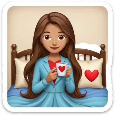 Un emoji de una chica con el pelo castaño y largo y suelto así como vestida como una that Girl y un café con dibujo de corazón y una cama aesthetic modo vida perfecta sticker