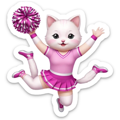 A cute chubby white kitten cheerleader in pastel uniform jumping in cheer pose. sticker