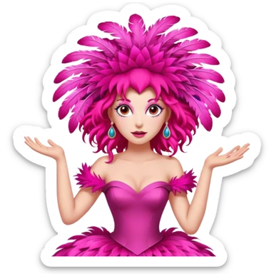 A vibrant woman with theatrical red ringlets and a massive pink feathered headpiece strikes a playful pose in an exaggerated, storybook-style hot pink gown. sticker