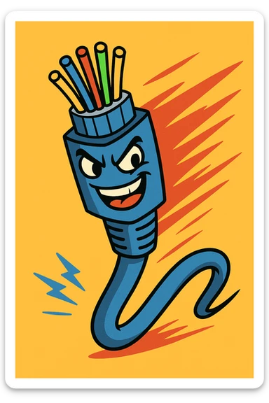 An optical cable depicted in an aggressive or playful manner, symbolizing high-speed internet. sticker