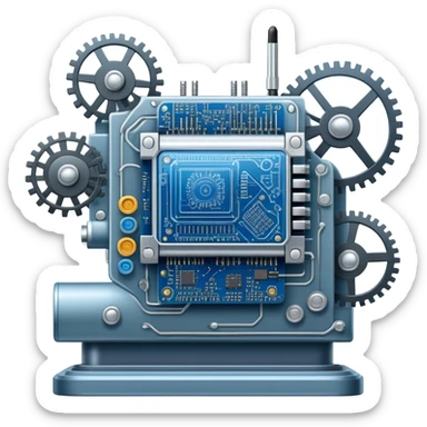 An icon featuring a giant machine soldering a huge microchip, symbolizing engineering. The design includes mechanical gears, circuit boards, and a blueprint, representing the precision and innovation in designing and building technology. Transparent background highlights the art of engineering sticker