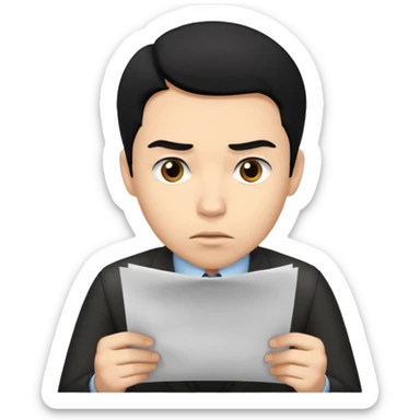 male office doubt face looking at paper with black hair sticker