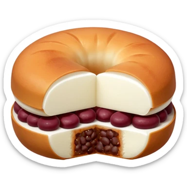 A soft round mochi cut in half, showing the filling inside (red bean paste or pink/white filling), outer layer is white and slightly stretchy-looking, smooth and pillowy texture, simple flat design style, centered on transparent background.
 sticker