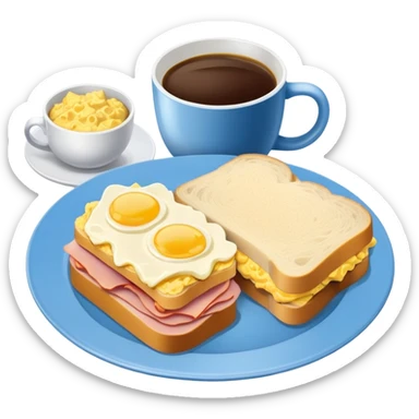 a blue breakfast plate, a sandwich with ham and scrambled eggs and a cup of white coffee sticker