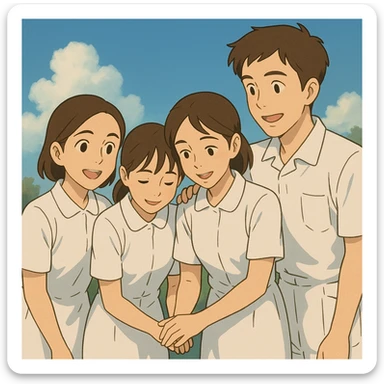 Four nursing students, three girls of the same height and one slightly taller boy, all in complete white short-sleeve uniforms without stethoscopes, helping each other, faces inspired by provided photos, Ghibli style, warm atmosphere, group dynamic sticker