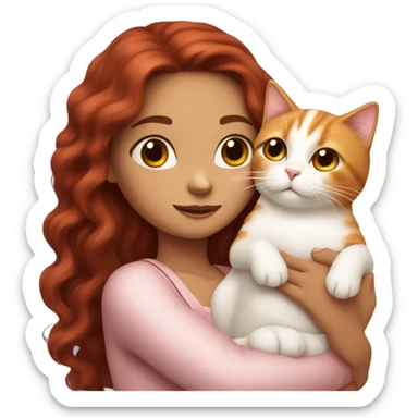 girl with long very dark red wavy hair and dark brown eyes and light pink outfit hugging a white & ginger cat  sticker