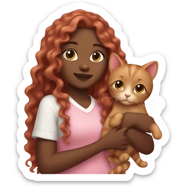 African-American girl with long pink wavy hair, fair skin, holding a brown cat sticker