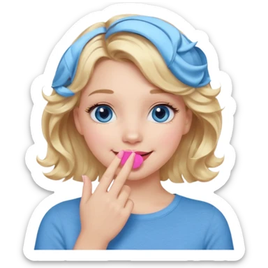 Girl Blonde short wavy hair,  blue eyes, cute blue top, long lashes, pink lips, smiling, hand covering the mouth sticker