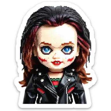 doll version of Chucky's bride in black dress, black leather jacket, heavy dark makeup sticker