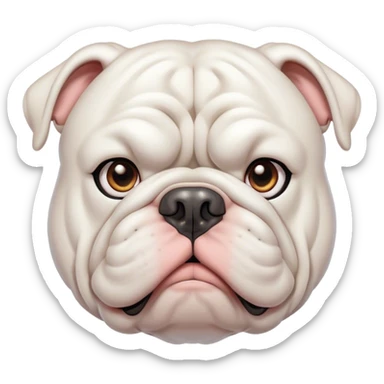Cinematic Noble White English Bulldog Portrait Emoji, Poised and regal, with a sturdy, muscular build and a pristine, well-groomed pure white coat, deep-set soulful brown eyes, Simplified yet sharp and sophisticated features, highly detailed, glowing with a soft, dignified glow, high shine, intelligent and resolute, stylized with an air of authority, focused and attentive, soft glowing outline, capturing the essence of a watchful and confident guardian, so majestic it feels as though it could lumber out of the screen with effortless authority! sticker