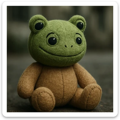 frog plush with a teddy bear body, green fur, large frog eyes, and a gentle smile, designed to look adorable sticker
