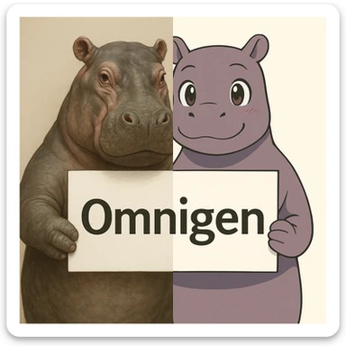two hippo holding sign of omnigen, half picture 1 hippo is realistic another half is the anime of that same second hippo sticker