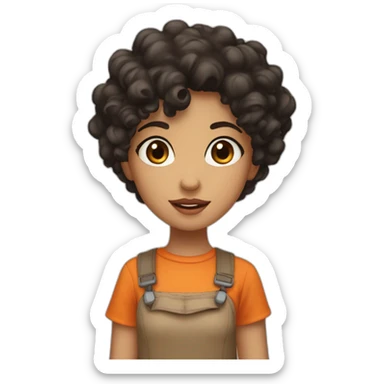 a light skin girl with curly black hair and brown eyes an and a orange shirt pointing at somthing sticker