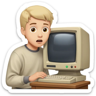 Young man with surprised expression looking at a very old, bulky desktop computer from the 1990s with CRT monitor sticker