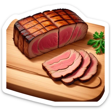 Cinematic smoked brisket, deep mahogany crust, perfectly sliced to reveal juicy marbled meat, warm smoky aroma, served on a wooden board, rich and flavorful, ultra-detailed and appetizing. sticker