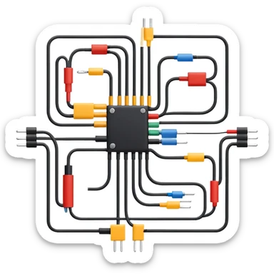 minimalistic electrical circuit schematic icon, top-down view, using basic geometric shapes like lines, dots, arrows to represent resistors, wires, connection nodes, clean and intuitive symbolic wiring diagram, instantly recognizable sticker