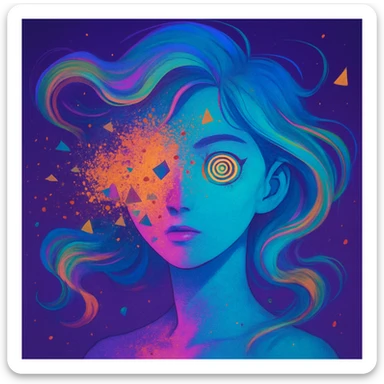 surreal portrait, neon skin, dissolving face with airbrush color explosion, hair as liquid color swirls like aurora, spiral eyes, geometric shapes breaking through face, paint spray effect, acid purple, turquoise, electric pink, smooth blending, dynamic movement sticker