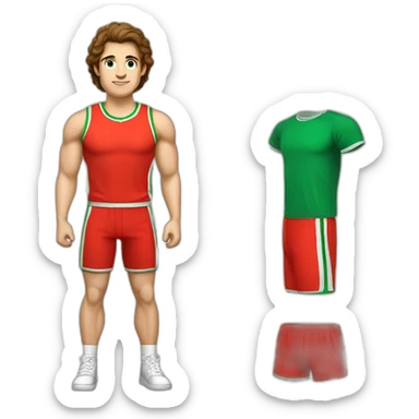 retro 70s red and green gym clothes for a modern white brunette uni male student with glass sticker