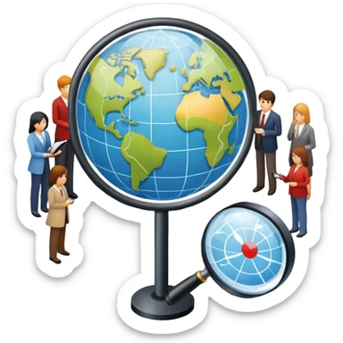 An icon featuring a group of people, a network diagram, and a magnifying glass, symbolizing sociology. The design includes a globe and interconnected lines, representing social structures and relationships. Transparent background highlights the study of societies and human behavior. sticker