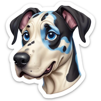Cinematic Comical Harlequin Great Dane Portrait Emoji, Head tilted dramatically with an exaggeratedly shocked or amused expression, featuring a striking coat of predominantly white with vivid black patches, wide, expressive blue eyes filled with playful disbelief, Simplified yet hilariously expressive features, highly detailed, glowing with a slightly sassy glow, high shine, dramatic yet playful, stylized with an air of cheeky charm, bright and endearing, soft glowing outline, capturing the essence of a spirited and over-the-top guardian, so meme-worthy it feels like it could side-eye its way into internet fame instantly! sticker