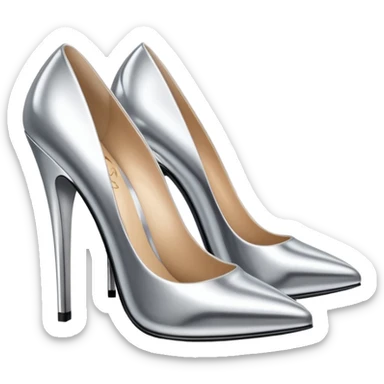 A pair of high heel shoes emoji made of polished silver chrome, elegant sharp silhouette, smooth metallic surface, glossy reflections, luxury sexy vibe, minimalistic iOS emoji style, centered, clean white background sticker