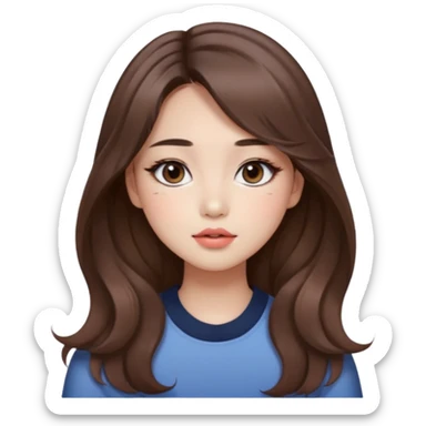 “korean straight brown hair Emoji girl, soft eyeliner and blush, gradient lips, light brown shimmer eyeshadow, long wavy hair,  sticker