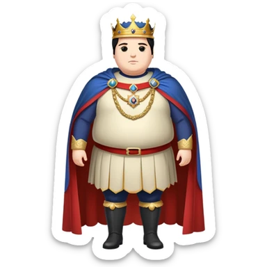 Full body of tall, chubby Francisco I with black hair, royal king standing in royal attire with crown and cape, elongated figure sticker
