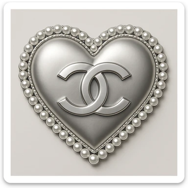 Create an elegant and classic heart inspired by Chanel, featuring a metallic silver style with a pearl border and interlocking C's, refined and timeless luxury design. sticker