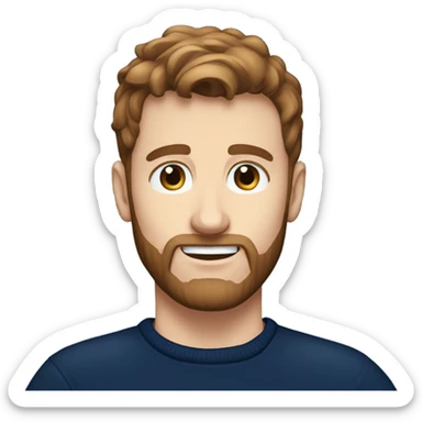 irish man blue eyes, brown short hair and short beard, wearing a smart navy blue jumper. sticker