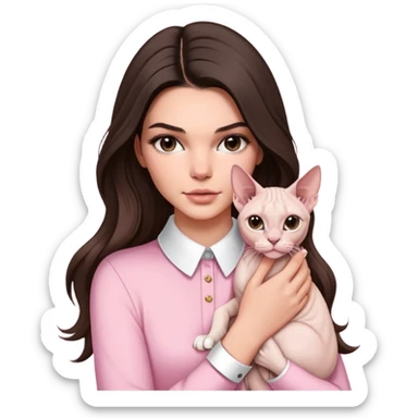 brunette Kendall Jenner with long hair holding on the hands white Sphynx Cat wear on pink collar sticker