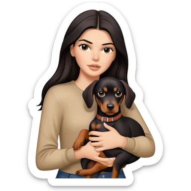 Kendall Jenner with long dark hair holds a Doberman Pinscher in her arms sticker