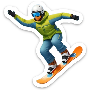 An icon showing a snowboarder performing an exciting jump on a snow-covered slope. The background features towering mountains, snow-covered trees, and a bright, clear sky. Transparent background highlights the speed, agility, and thrill of snowboarding. sticker