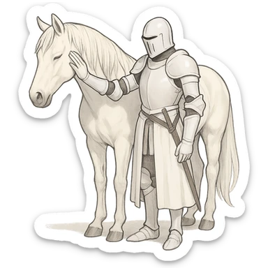 a white knight gently patting a white horse, peaceful, graceful, clean background sticker