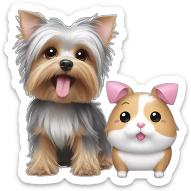 yorkshire terrier with grey hair with the tongue and two little pink hair-bow on the head and a Hamtaro beside sticker