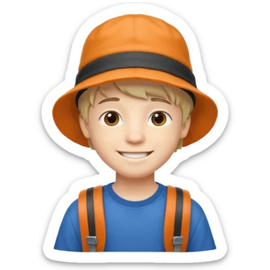 a young student boy with the backpack with bucket hat sticker