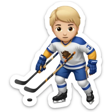 A boy with dirty blonde hair and brown eyes playing hockey sticker