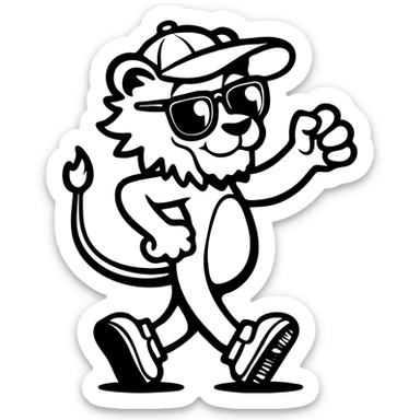 cheerful anthropomorphic lion walking confidently, flexing one arm in a fist-pump, wearing oversized sunglasses, backwards baseball cap, and sneakers, thick black outlines, no color or shading, retro mascot vintage rubber hose cartoon style, highly graphic sticker