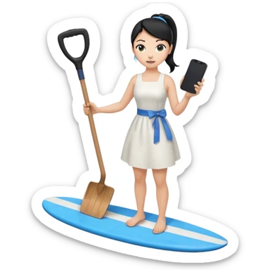 Princess who wearing white dress (woman) black ponytail hair holding her cellphone and  one garden shovel with another hand. She is standing on her feet, there is one blue surfing board under her feet. She is looking at her phone sticker