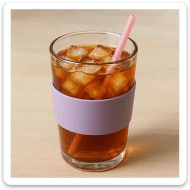 realistic sweet tea cup, lavender sleeve, pink straw, ice cubes, glass reflections sticker