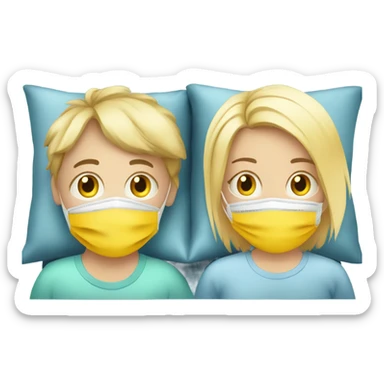 Two blonde children, each in their own bed at home, sick, sad, each wearing a surgical mask, one is a Boy, one is a girl, get well soon sign with yellow heart sticker